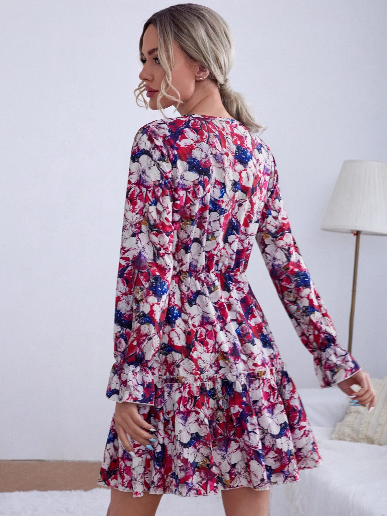 Floral Surplice Front Ruffle Hem Dress