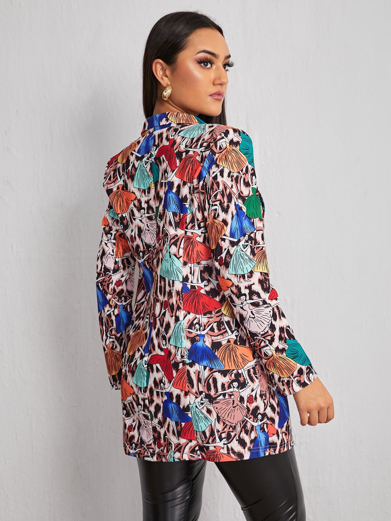 Figure And Leopard Print Single Button Blazer
