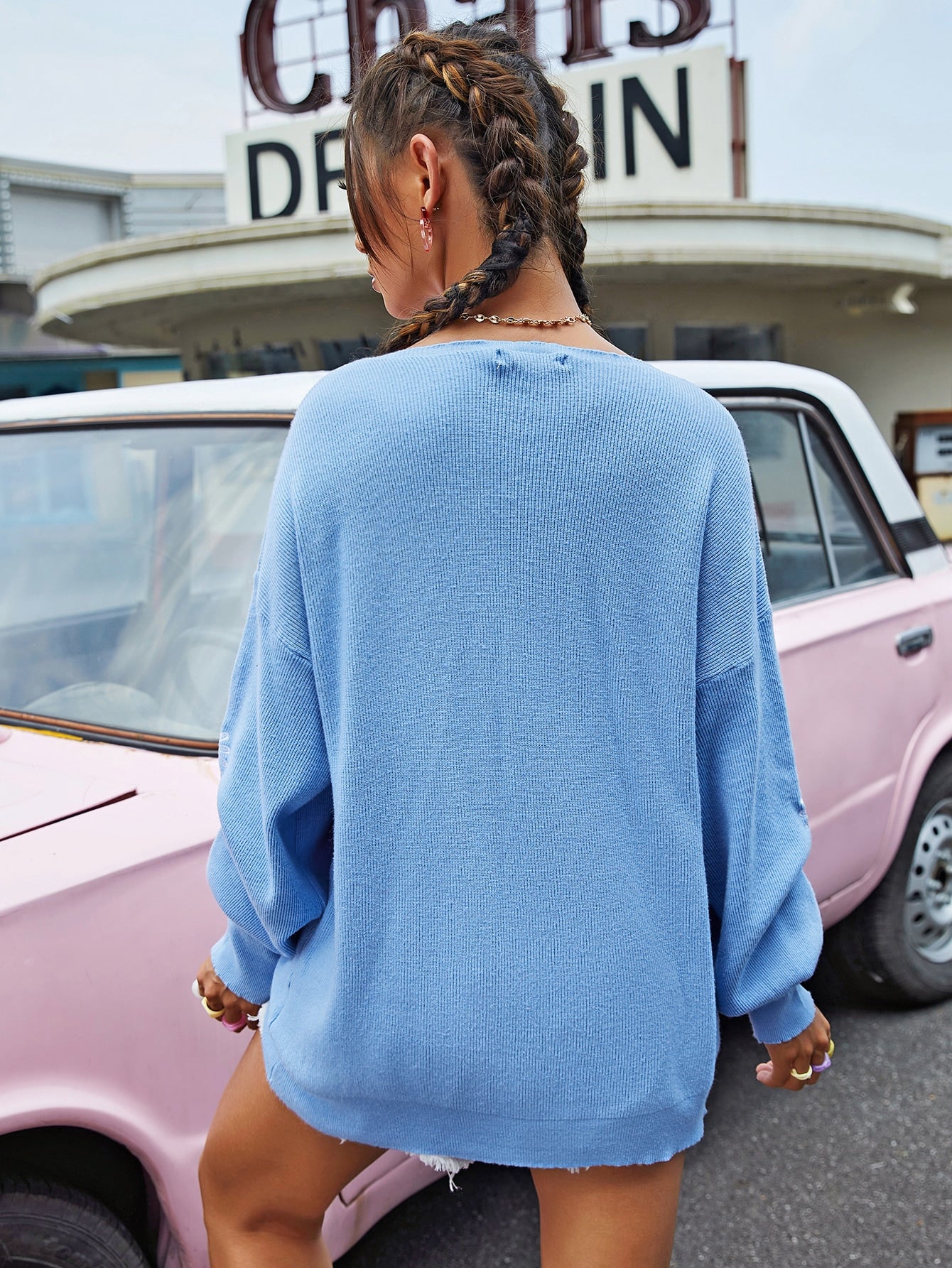 Drop Shoulder Floral Embroidered Sweater