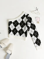 Argyle Pattern One Shoulder Sweater