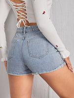 Zipper Fly Ripped Raw Hem Denim Shorts