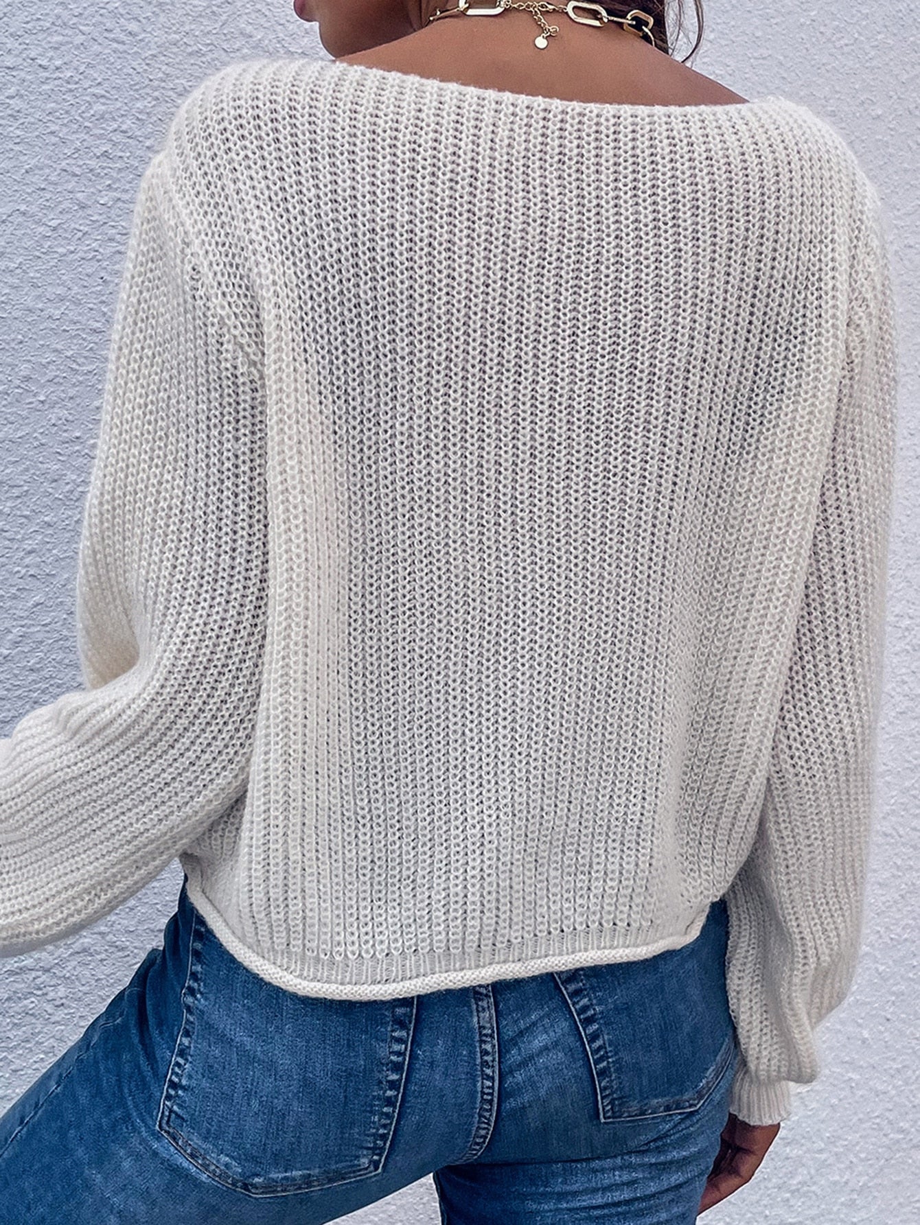 Lantern Sleeve Raw Hem Ribbed Knit Sweater