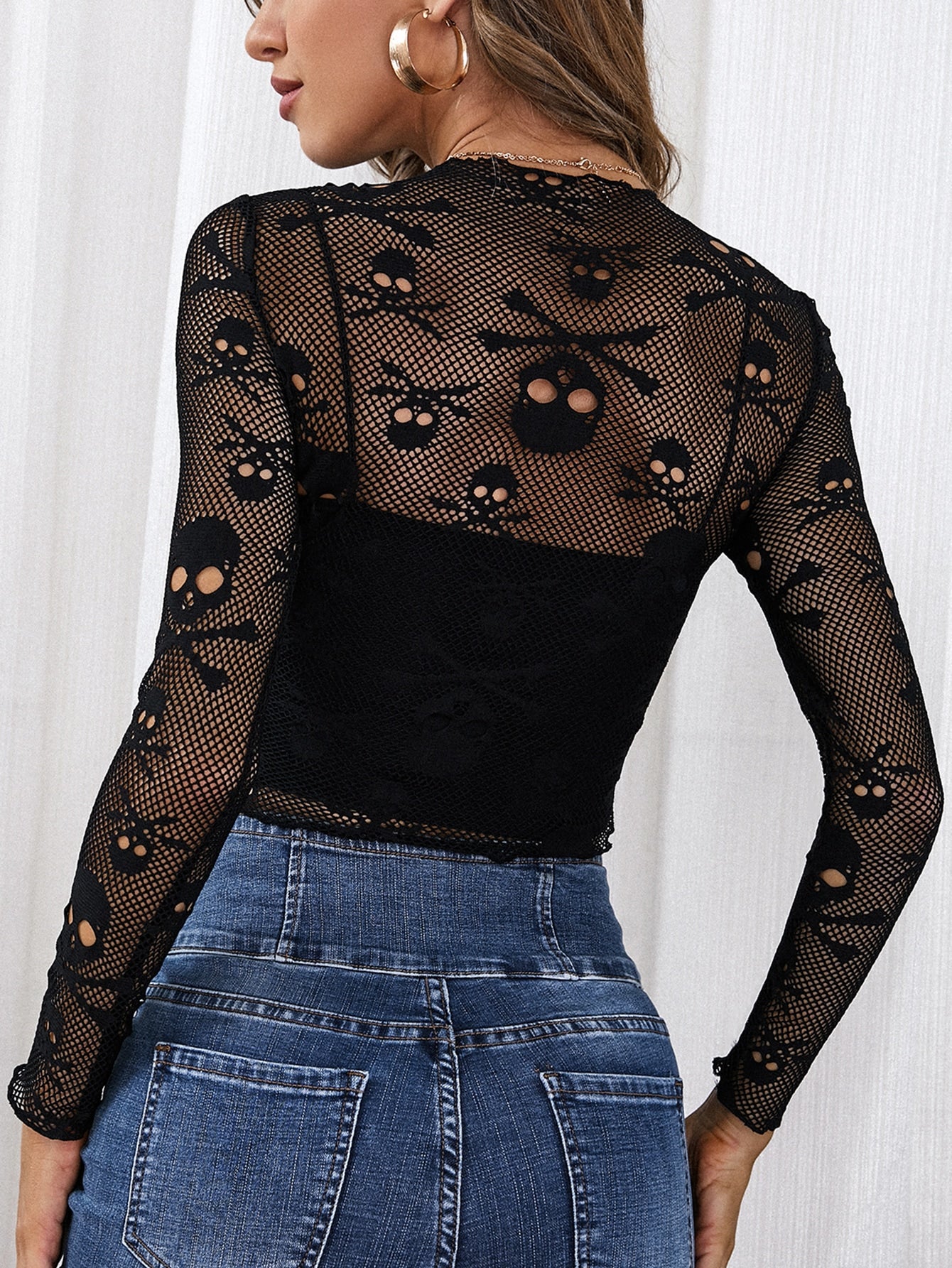Skull Mesh Sheer Top Without Cami Top