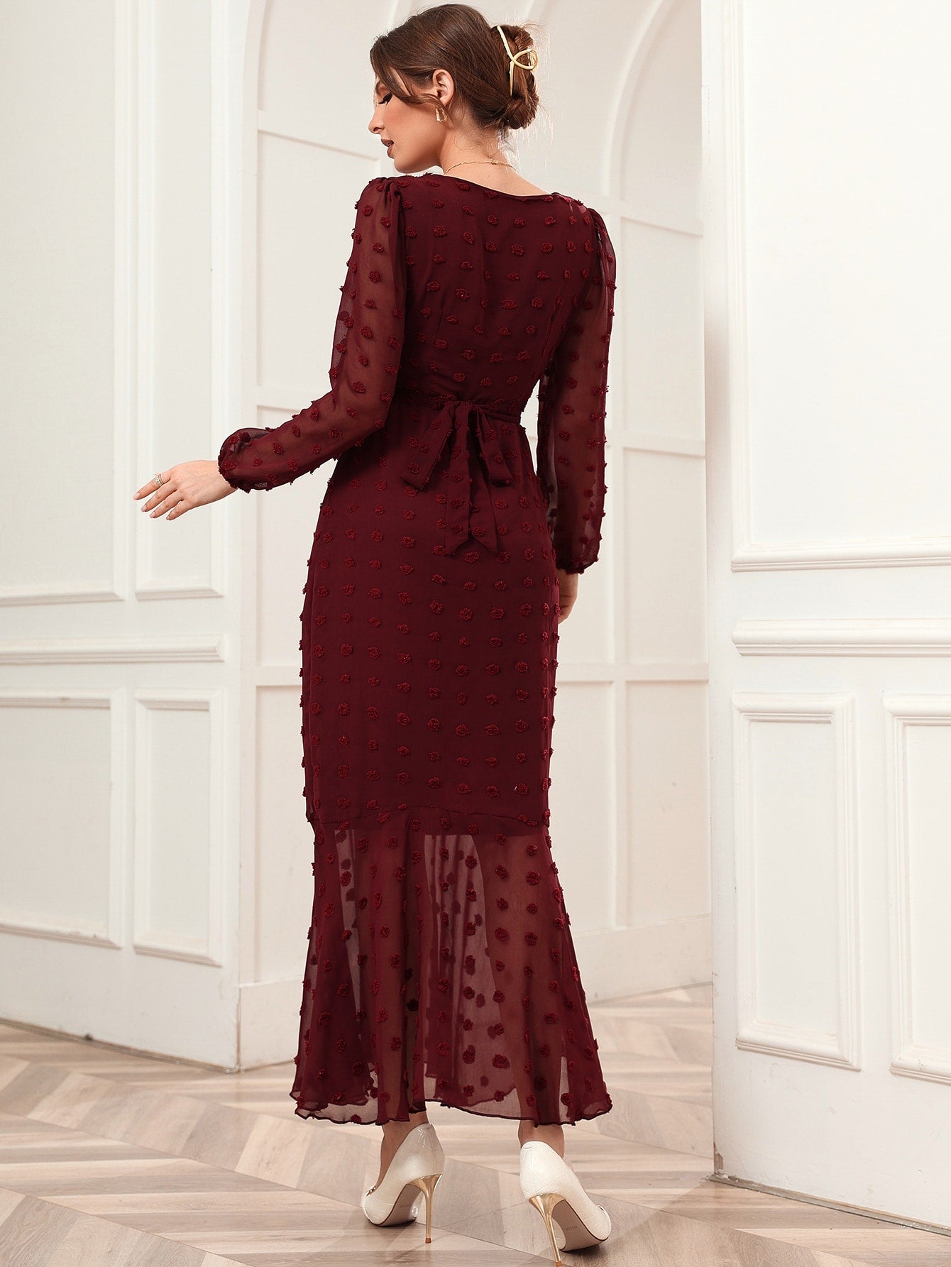 Swiss Dot Belted Mermaid Hem Dress