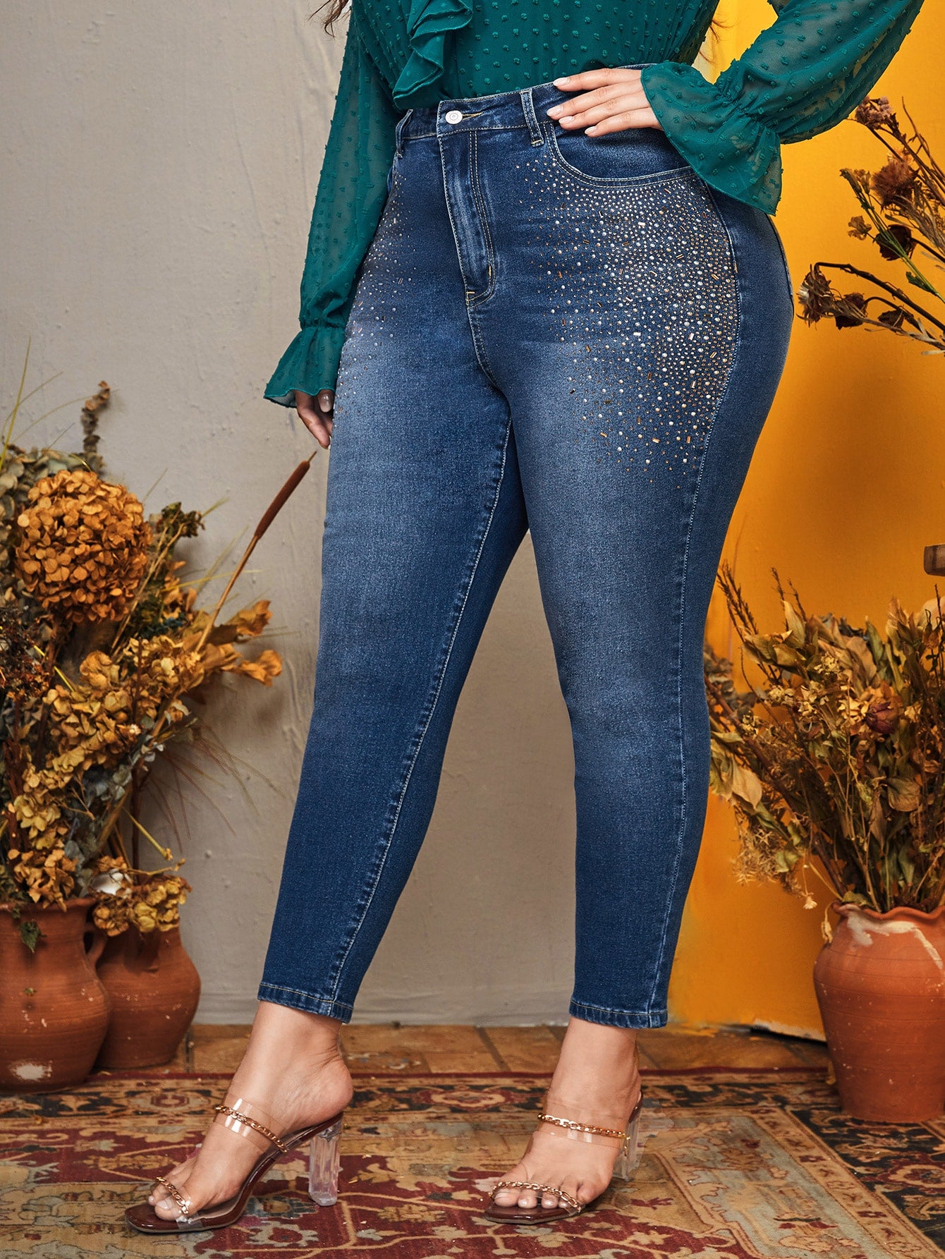 Plus High Waist Rhinestone Pattern Bleach Wash Skinny Jeans