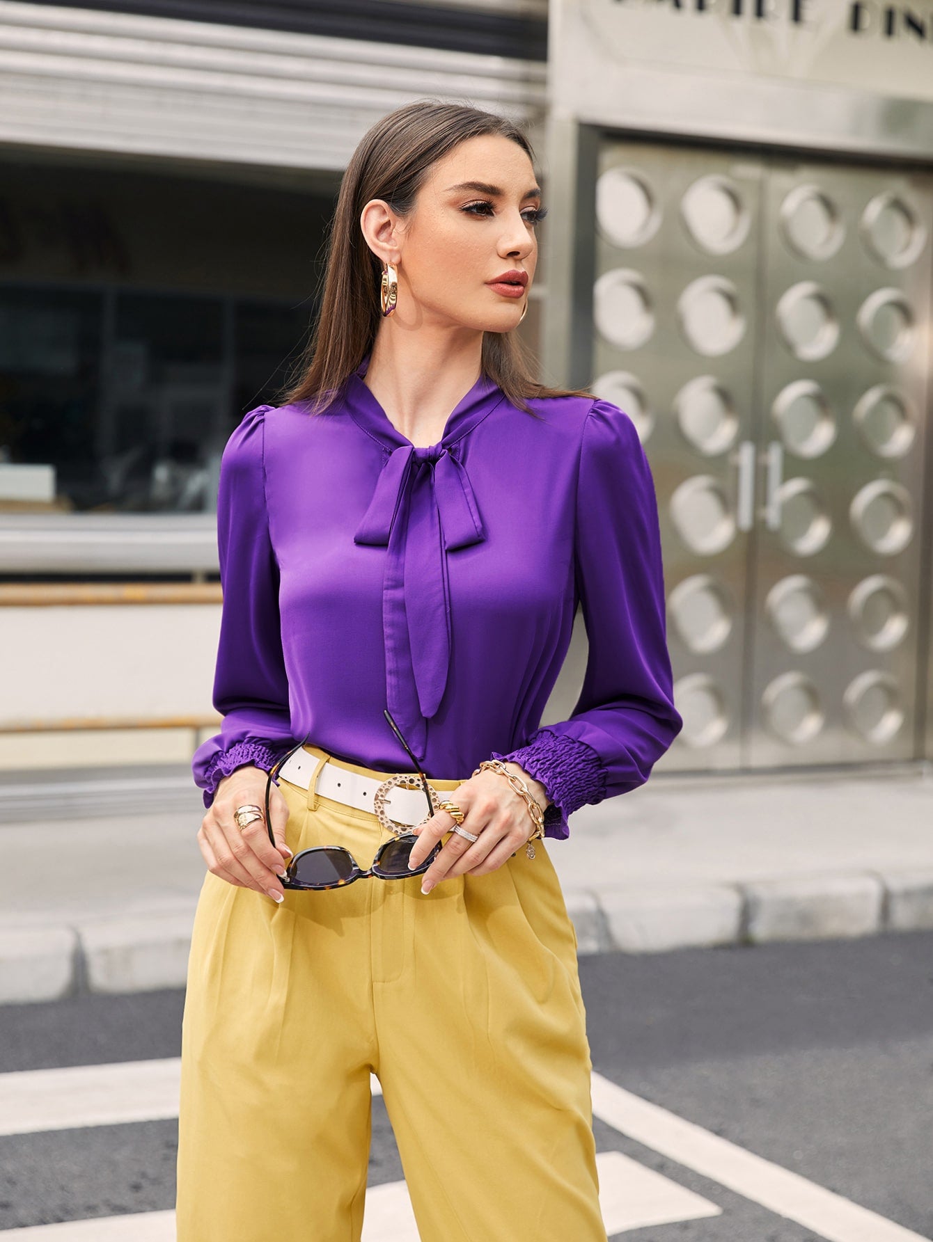 Solid Tie Neck Blouse