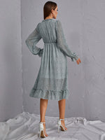 All Over Print V Neck Lettuce Trim Dress