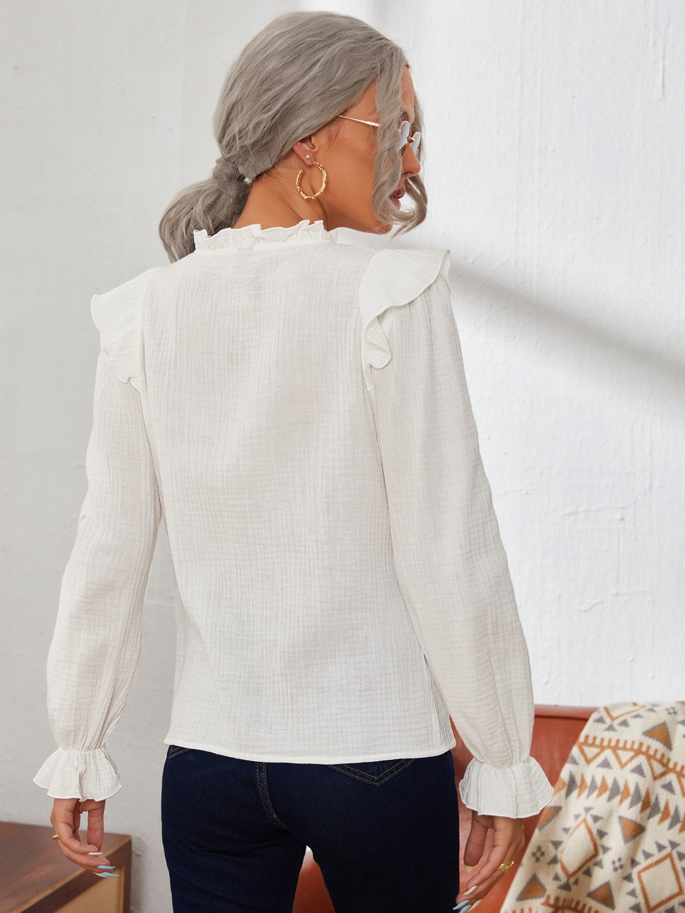 Contrast Lace Ruffle Trim Flounce Sleeve Blouse