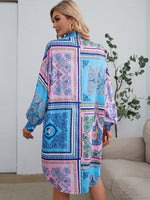 Scarf Print Colorblock Batwing Sleeve Shirt Dress Without Belt