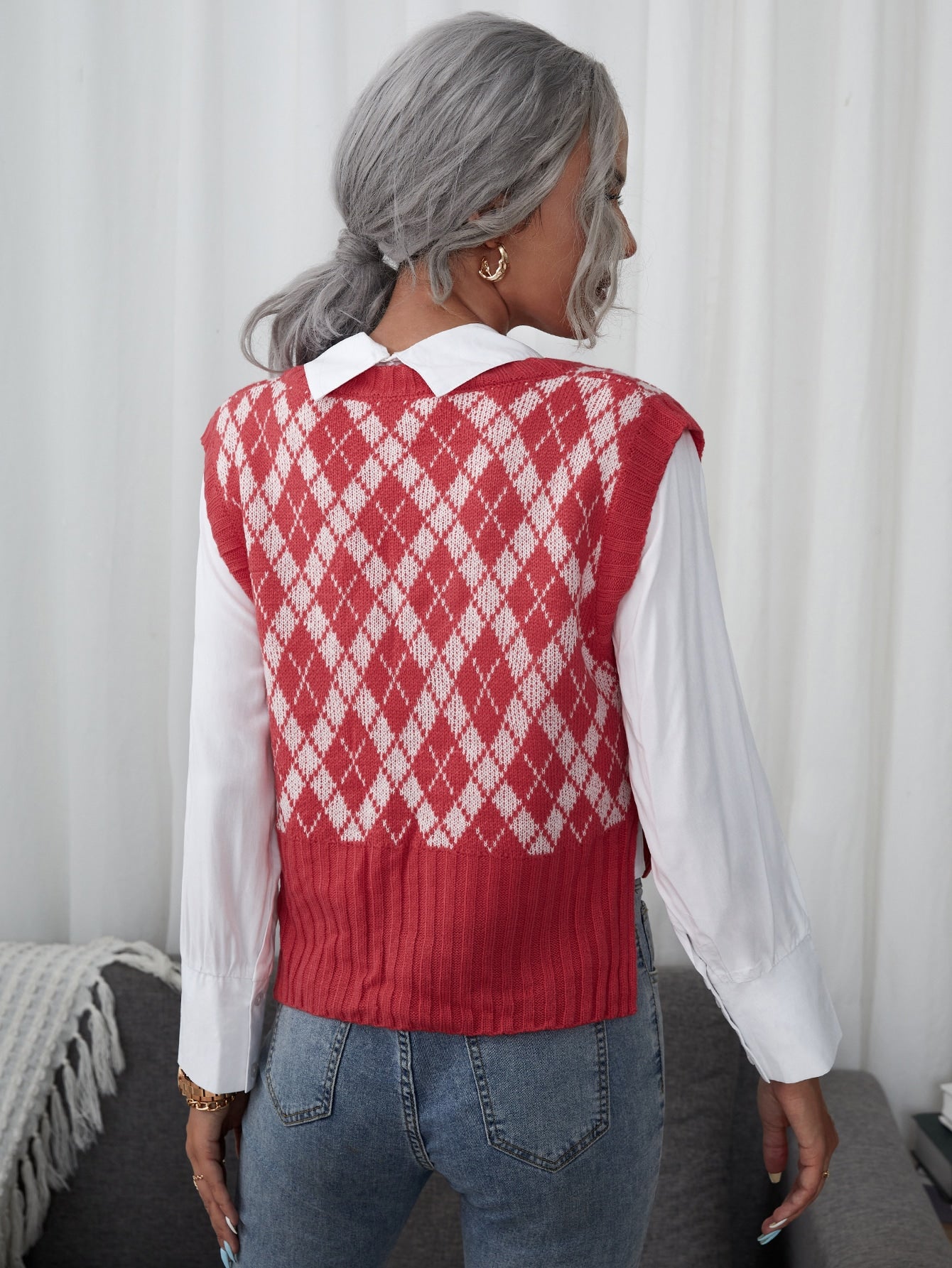 Argyle Pattern Slit Hem Sweater Vest & Solid Blouse