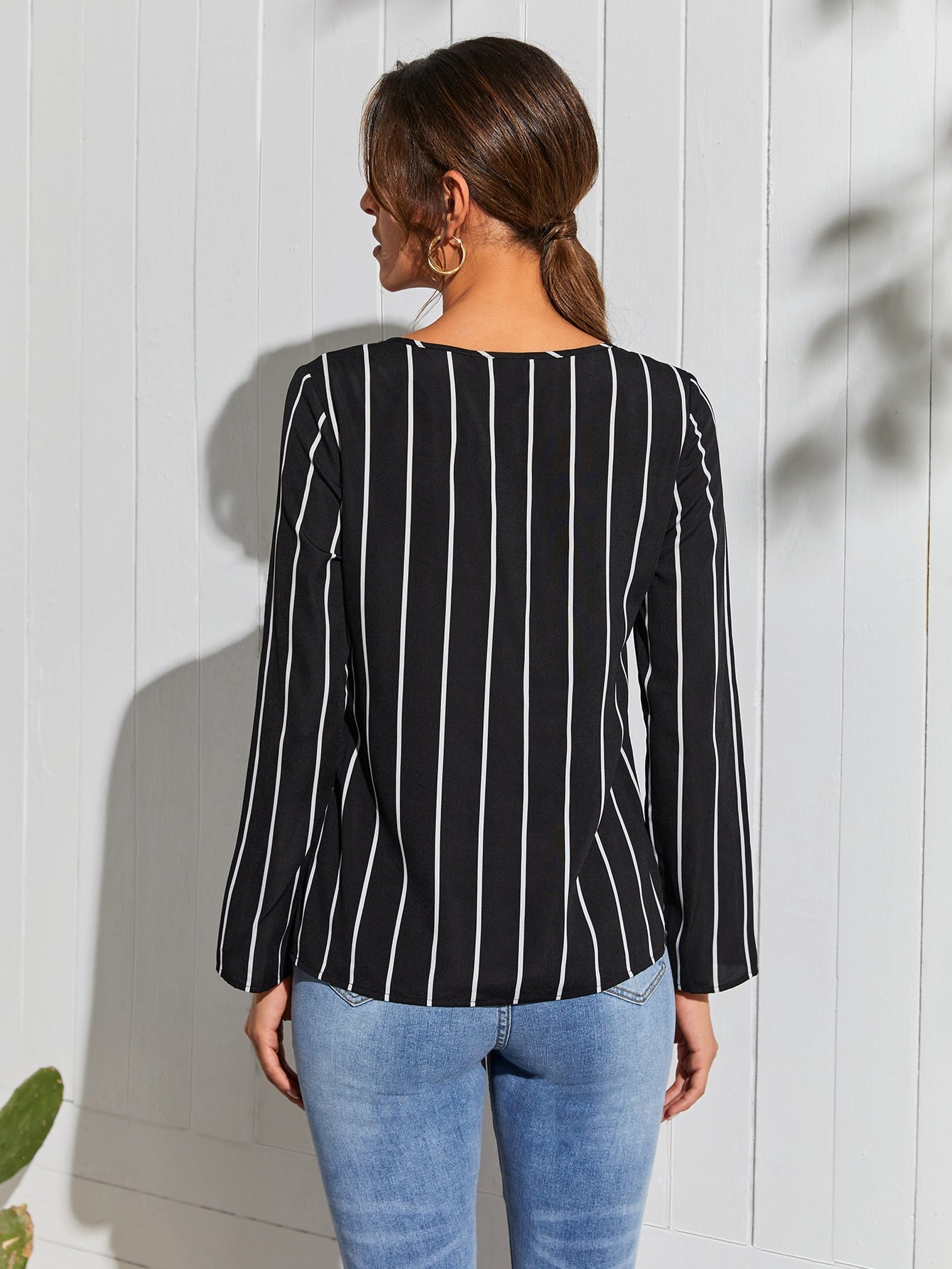 Vertical Stripe Round Neck Blouse