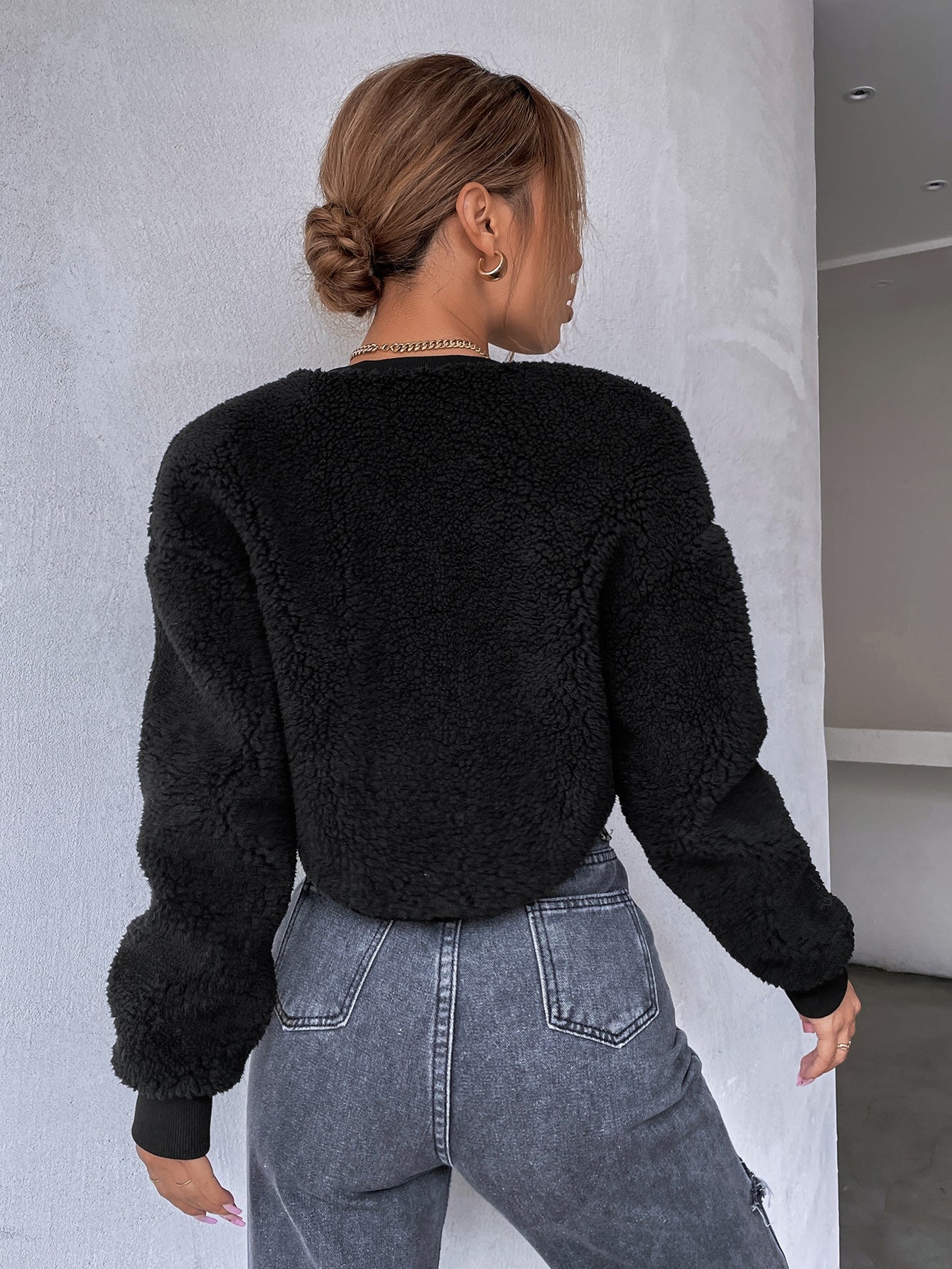 Solid Open Front Crop Teddy Jacket