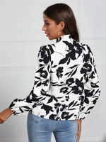 Tie Neck Lantern Sleeve Floral Print Top