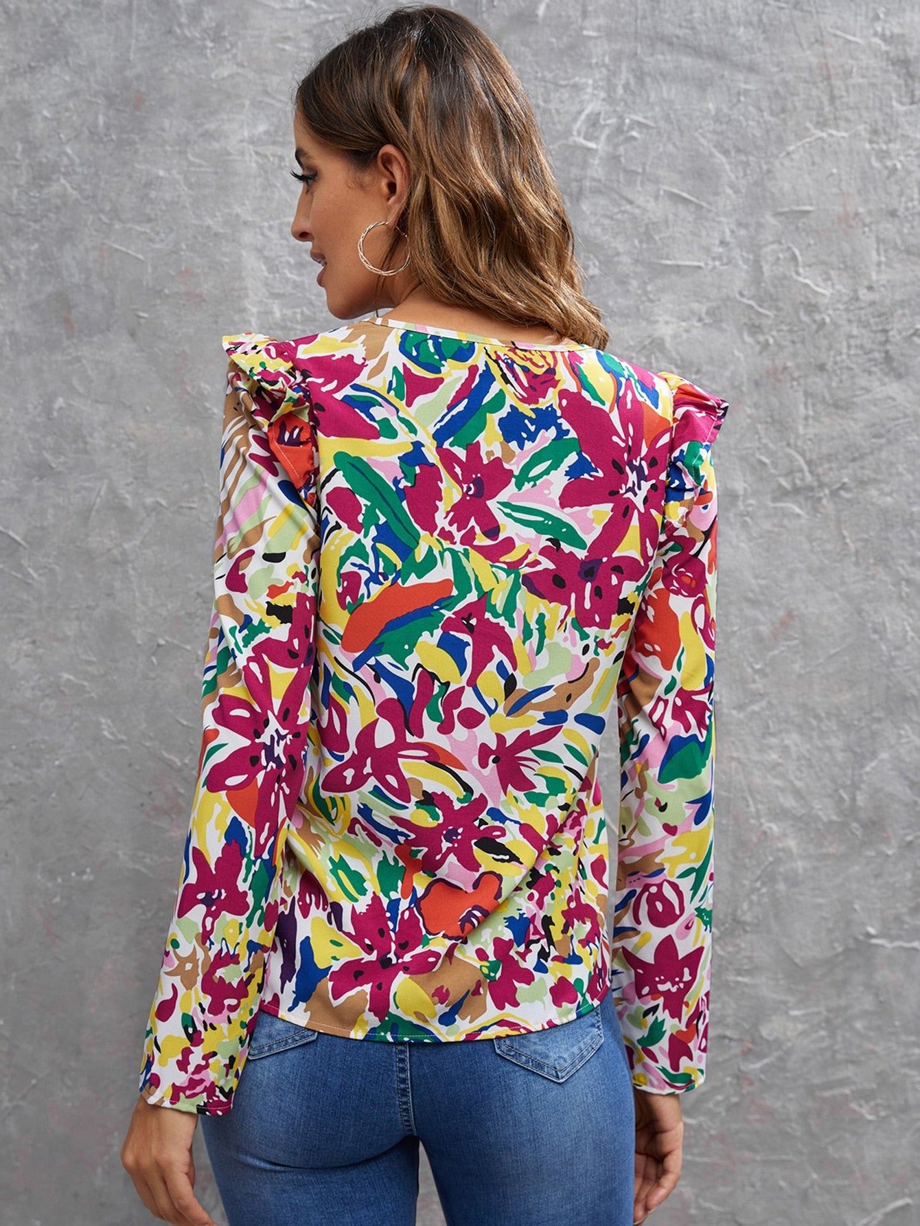 Ruffle Trim Allover Floral Print Top