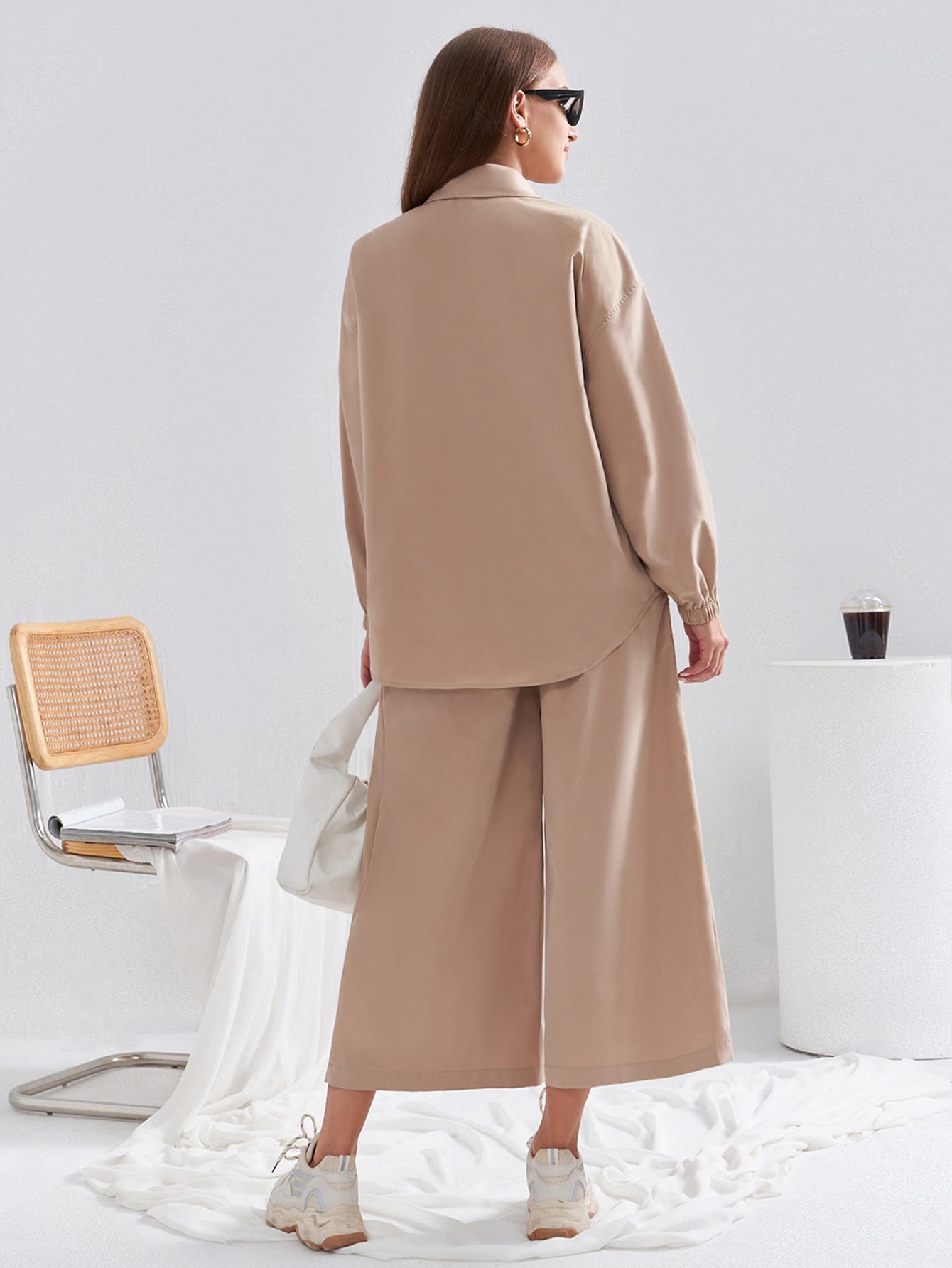 Slogan Graphic Flap Pocket Top & Palazzo Pants Set