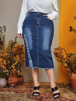 Plus High Waist Ripped Raw Trim Denim Skirt Without Belt