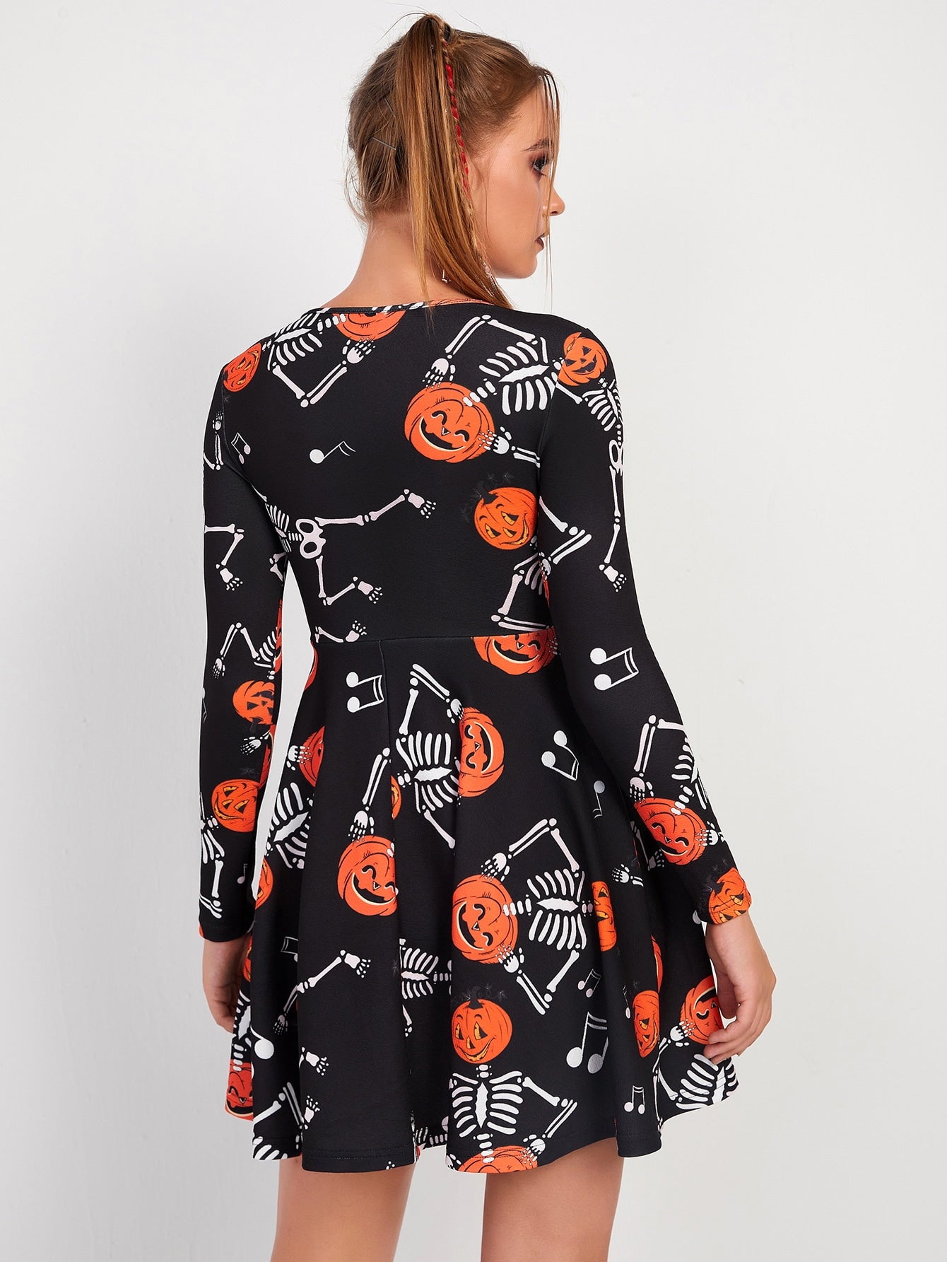 Halloween Pumpkin And Skeleton Print Fit And Flare Dress