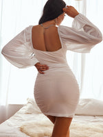 Sweetheart Neck Backless Lantern Sleeve Mesh Bodycon Dress