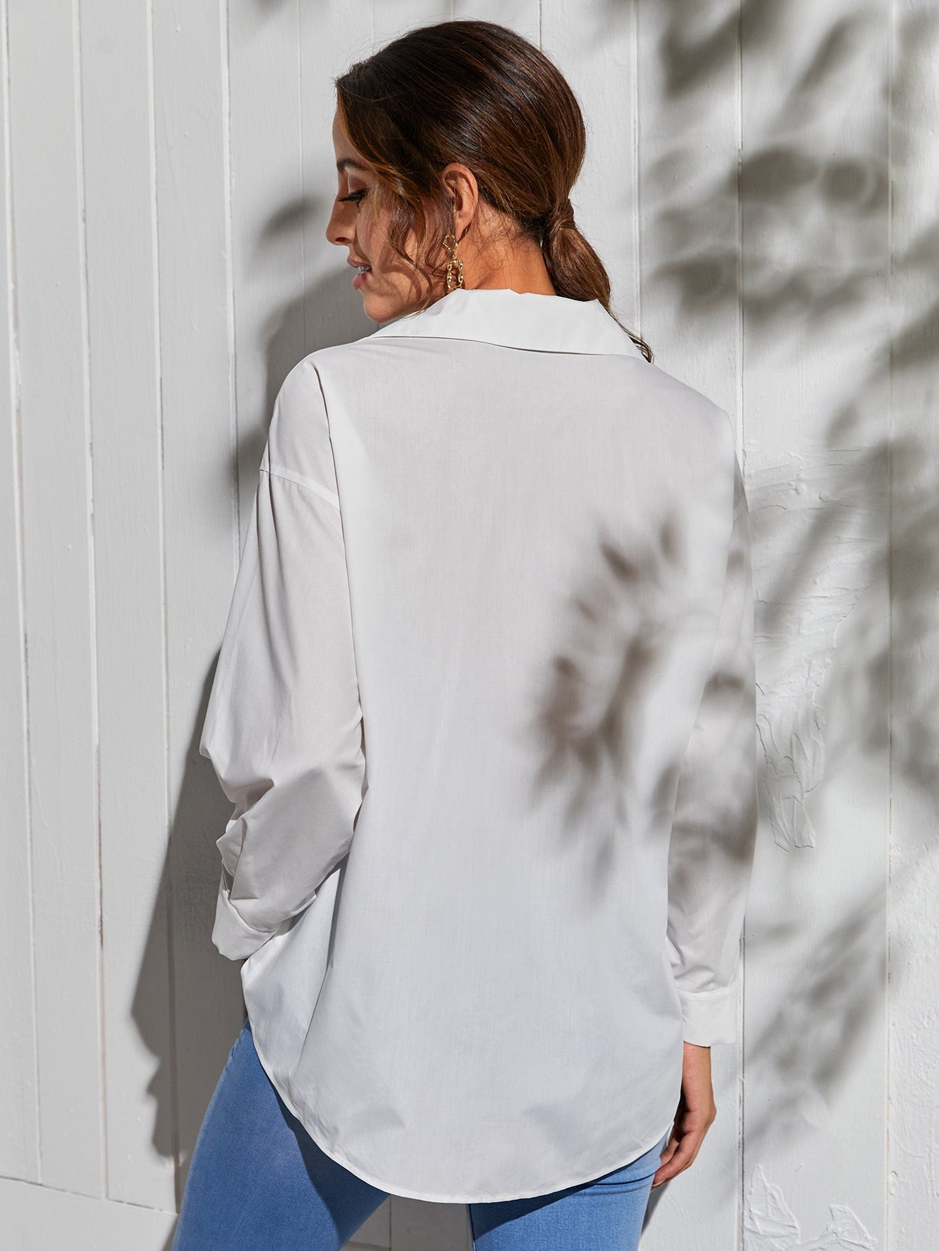 Solid Patched Pocket Drop Shoulder Blouse Without Bandeau