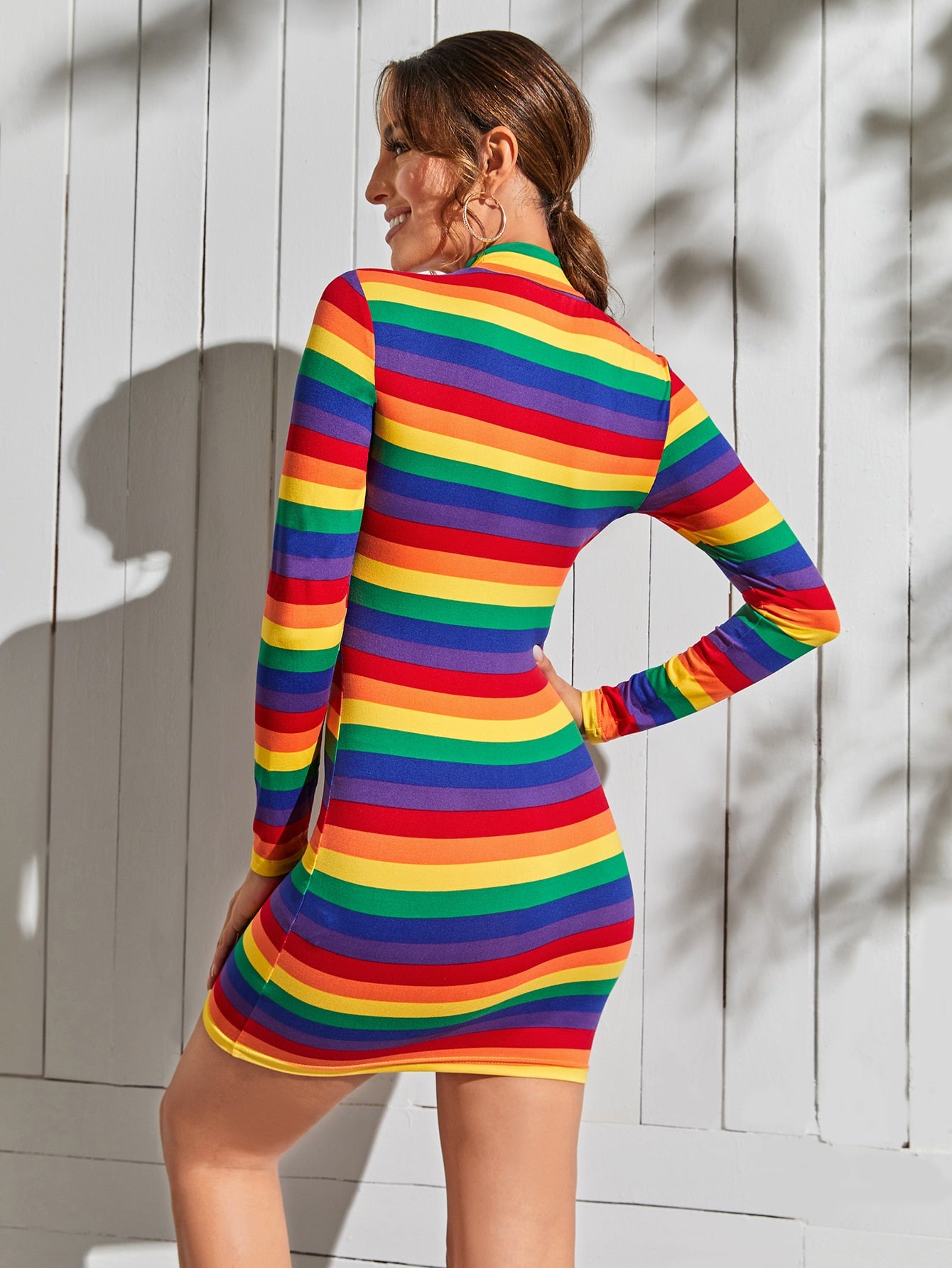 Rainbow Striped Mock Neck Bodycon Dress