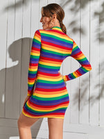 Rainbow Striped Mock Neck Bodycon Dress