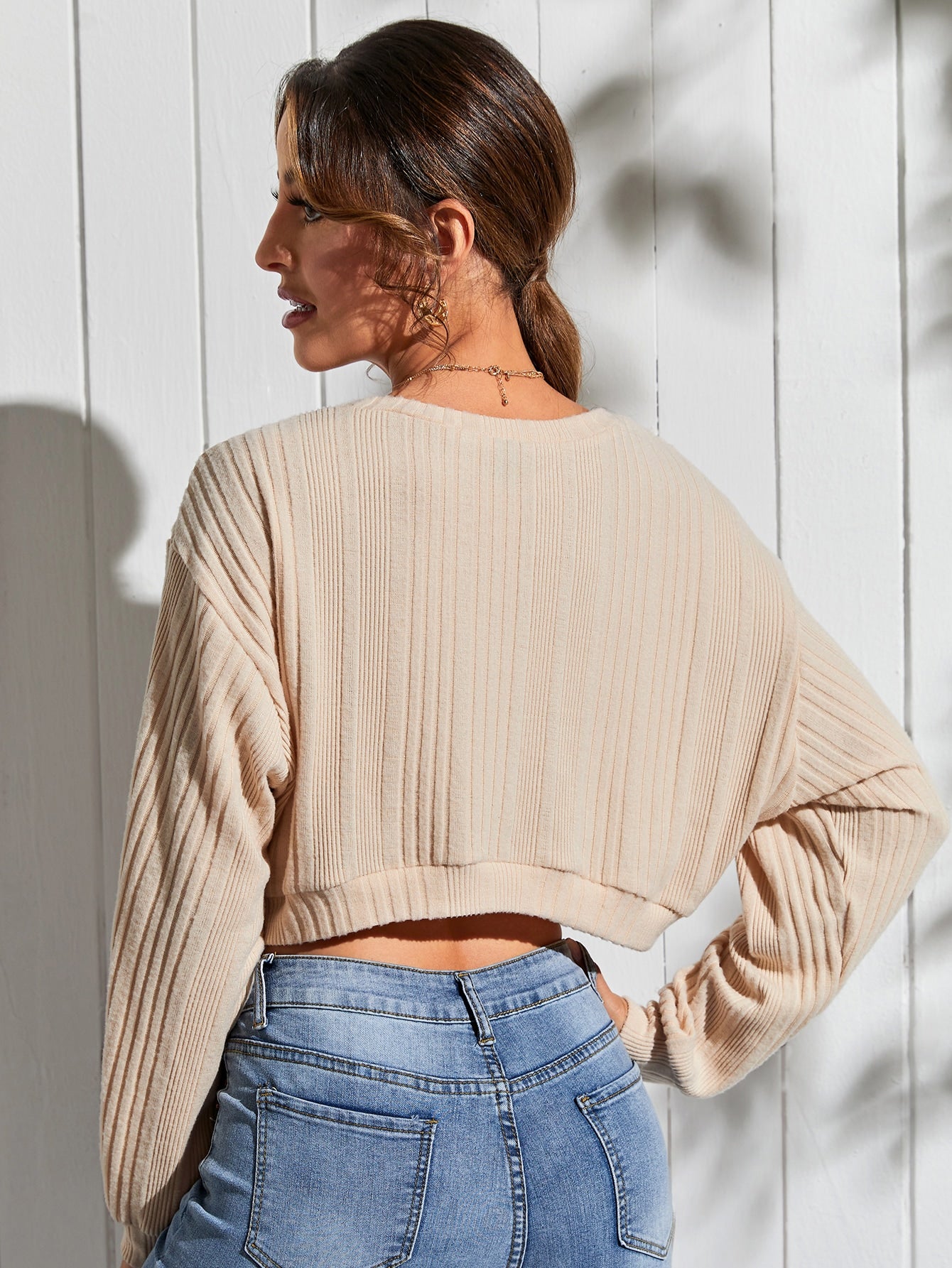 Drop Shoulder Crop Ribbed Knit Tee