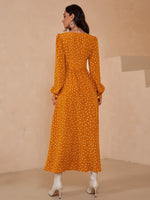 Polka Dot Print Sweetheart Neck Cut Out Lantern Sleeve Dress