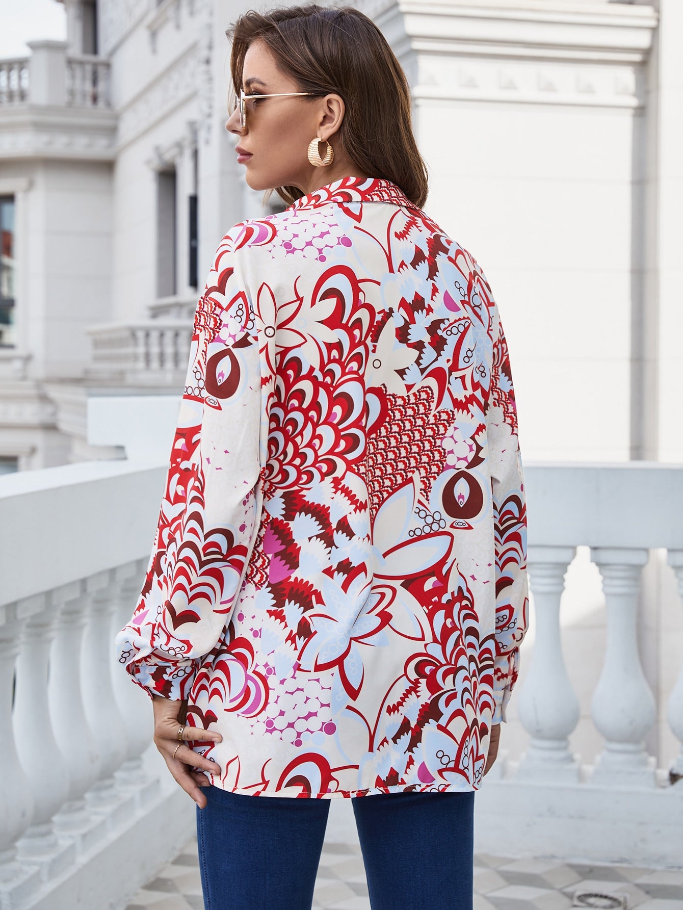 Graphic Print Button Front Drop Shoulder Blouse