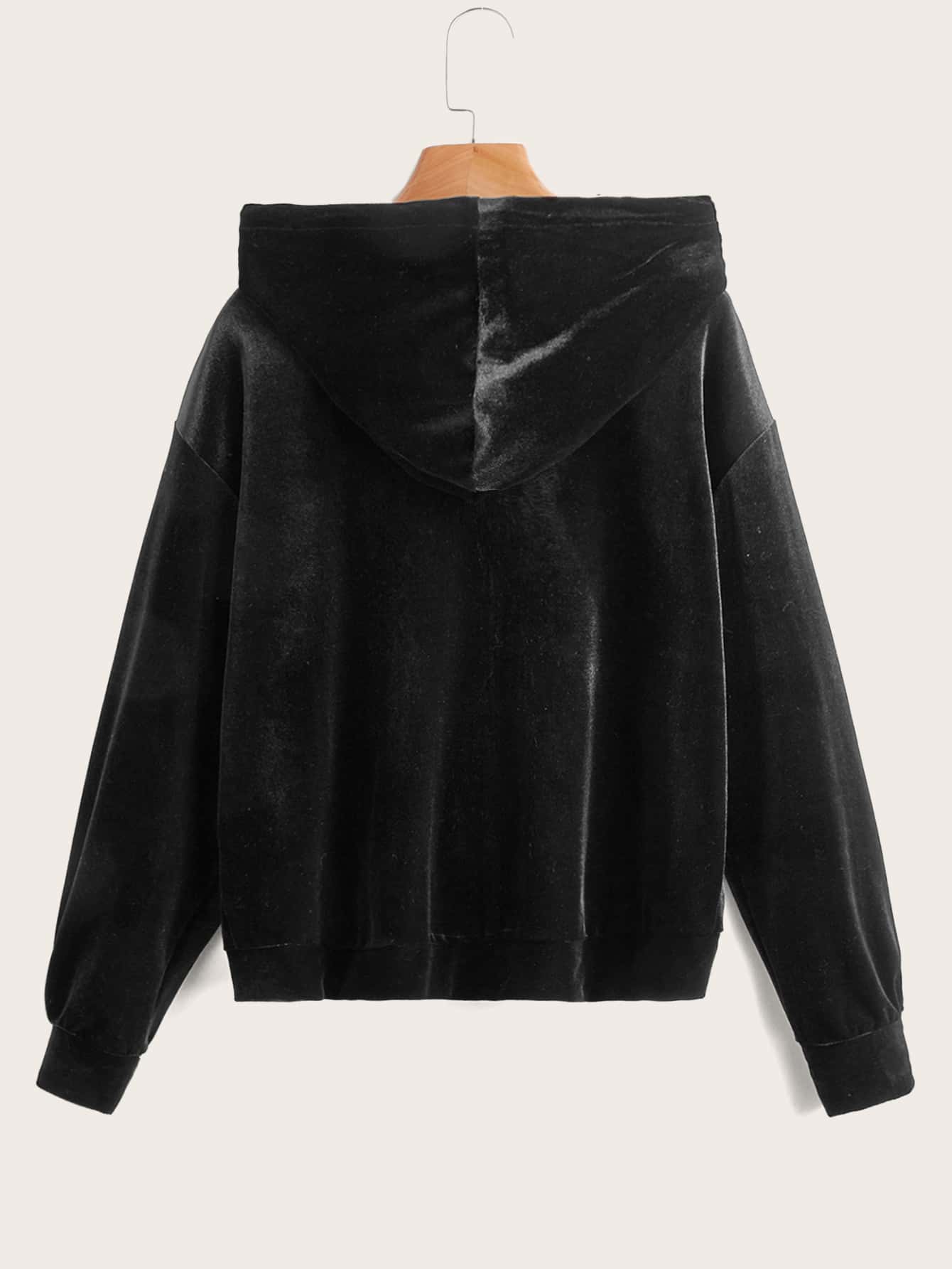 Velvet Zip Up Drawstring Hooded Jacket