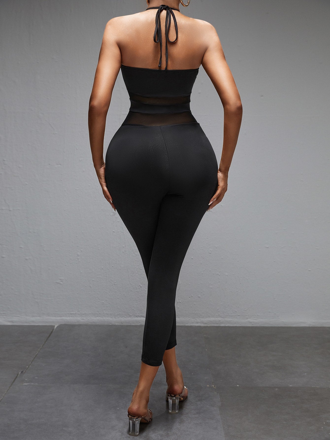 Contrast Mesh Halter Neck Skinny Jumpsuit