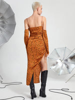 Allover Print Tie Front Drawstring Ruched Asymmetrical Hem Cami Dress