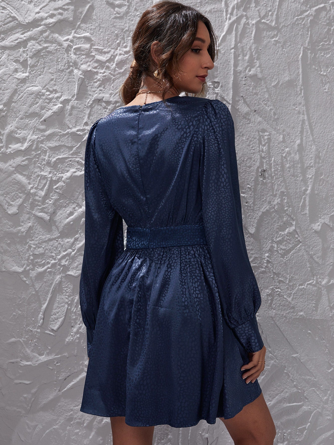 Dalmatian Jacquard Lantern Sleeve Satin Dress