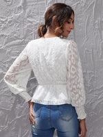 Leopard Jacquard Shirred Cuff Lantern Sleeve Peplum Blouse
