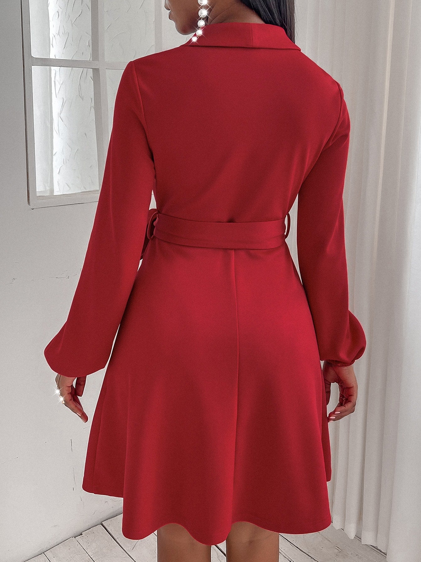 Shawl Neck Solid Belted Dress
