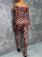 Zebra Striped Cut Out Tie Front Off Shoulder Unitard Jumpsuit