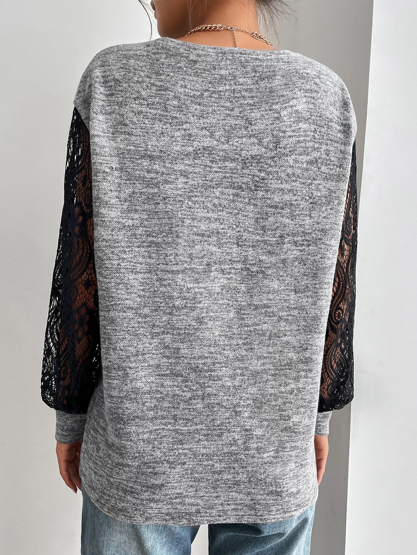 Sheer Lace Lantern Sleeve Marled Knit Tee