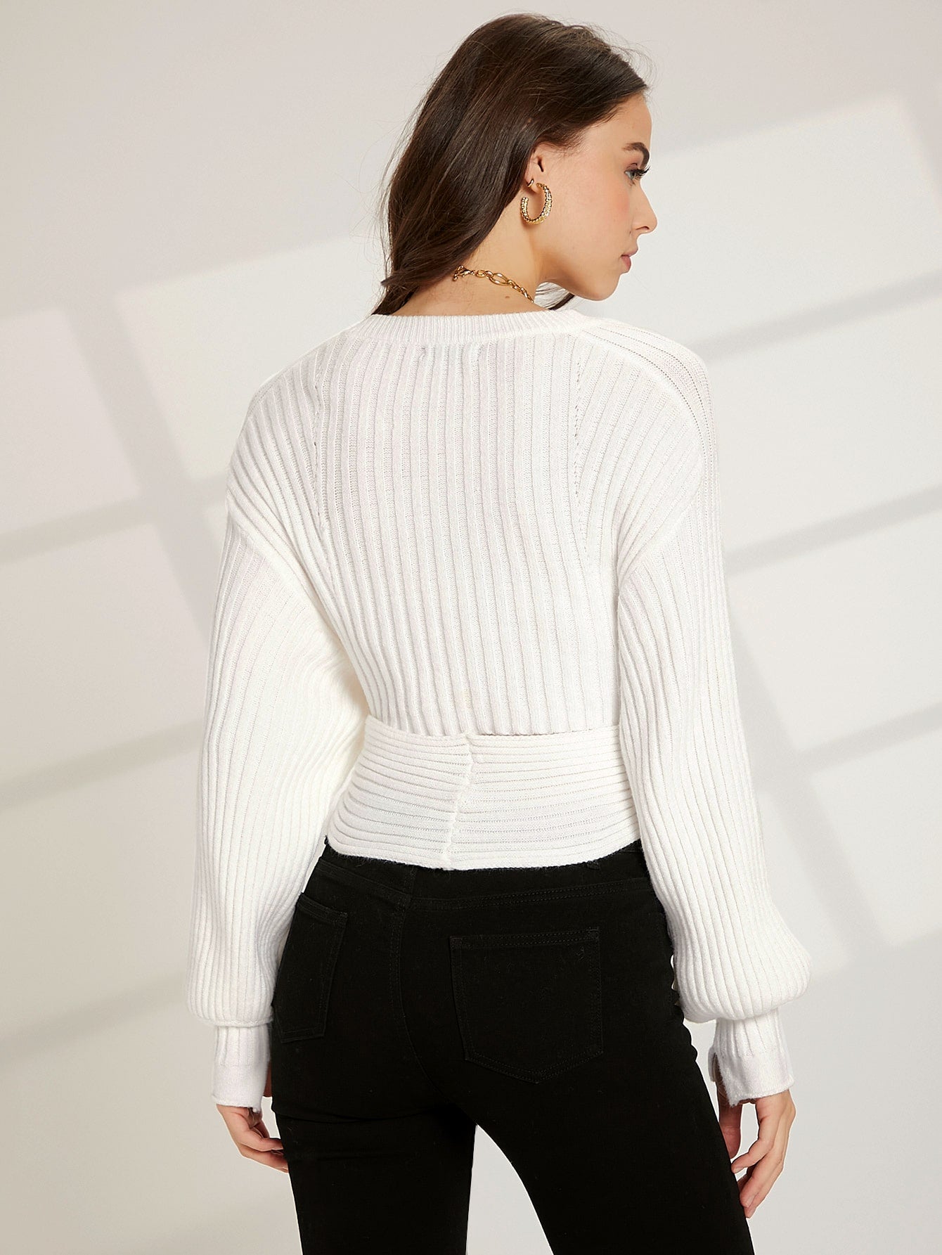 Drop Shoulder Rib-knit Wrap Cross Crop Sweater