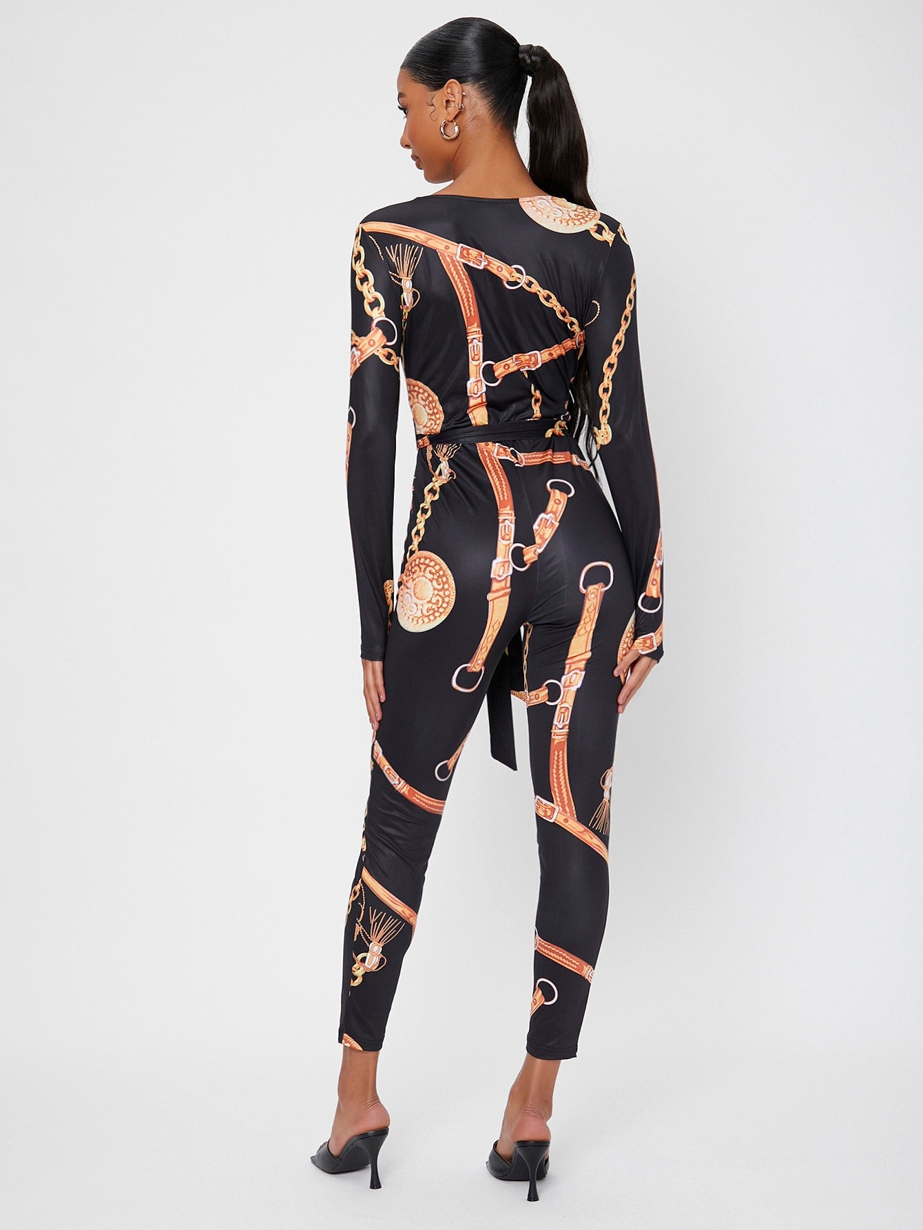 Chain Print Belted Skinny Jumpsuit