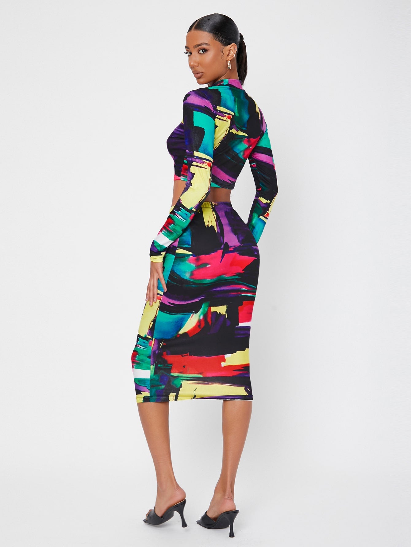 Graphic Print Mock Neck Top & Bodycon Skirt Set