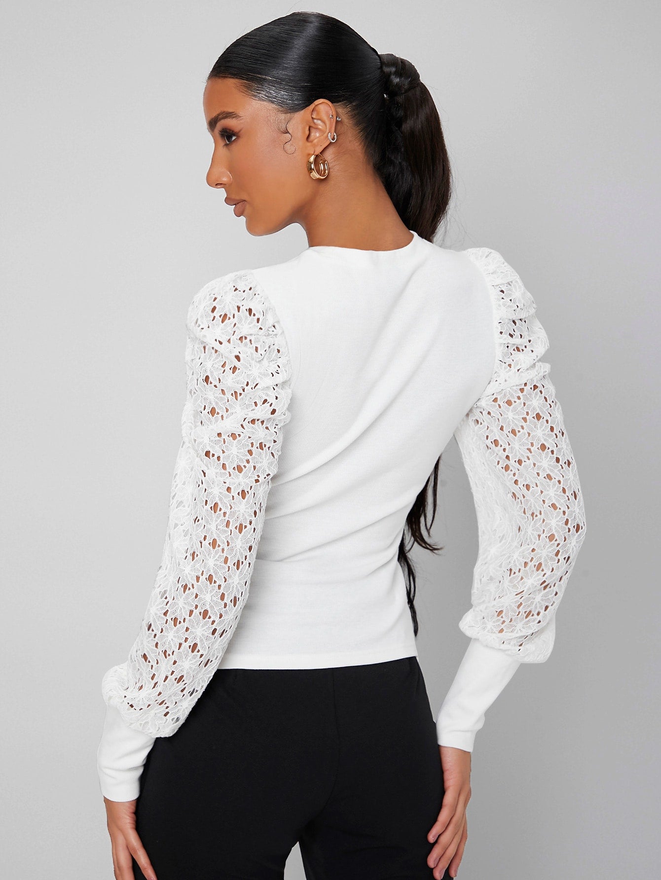 Mock neck Sheer Lace Lantern Sleeve Top
