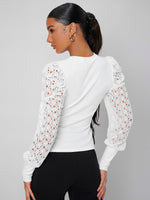 Mock neck Sheer Lace Lantern Sleeve Top