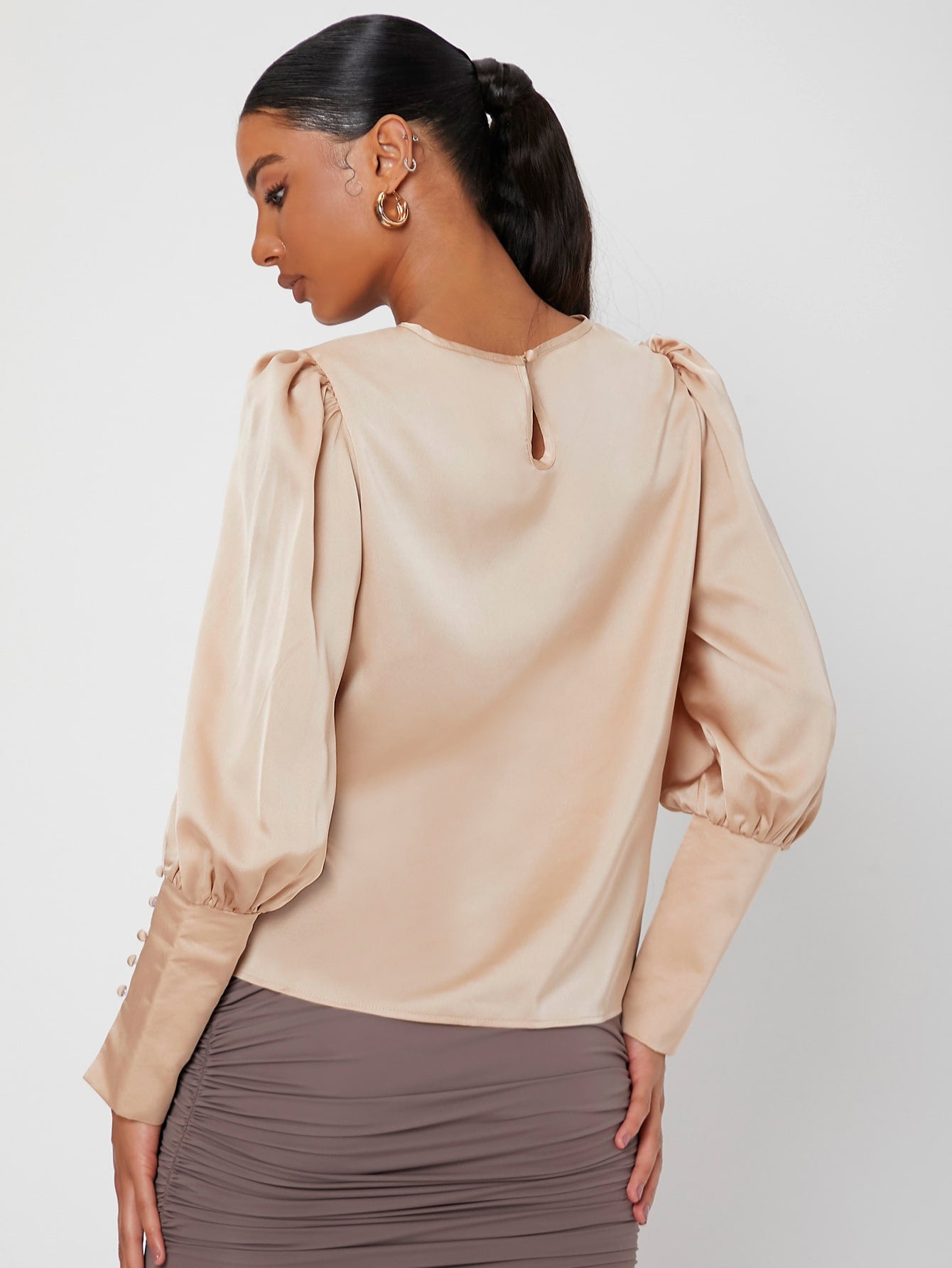 Solid Leg-of-mutton Sleeve Satin Blouse