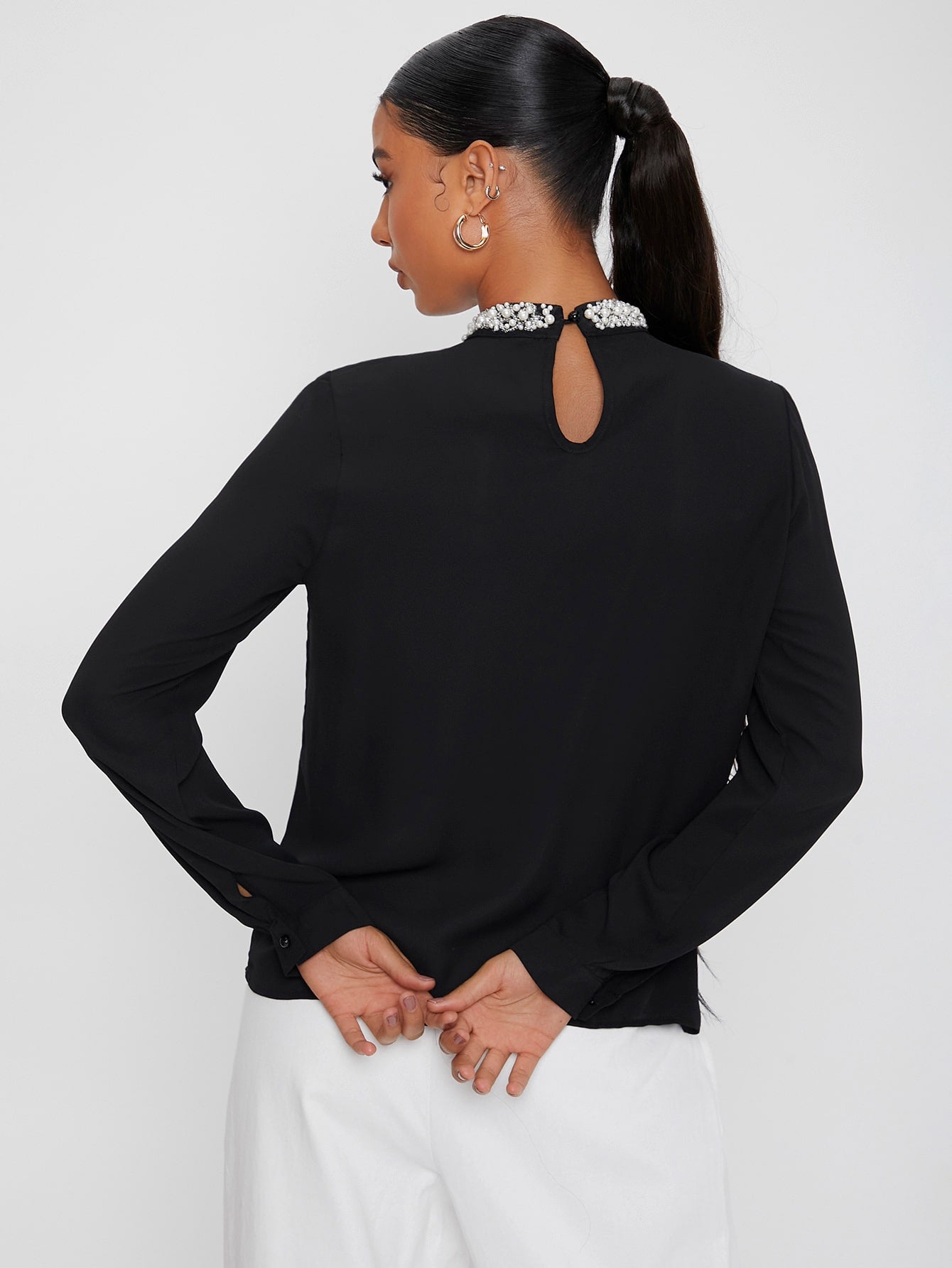 Pearls Beaded Mock Neck Fold Pleat Front Blouse