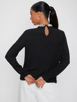 Pearls Beaded Mock Neck Fold Pleat Front Blouse