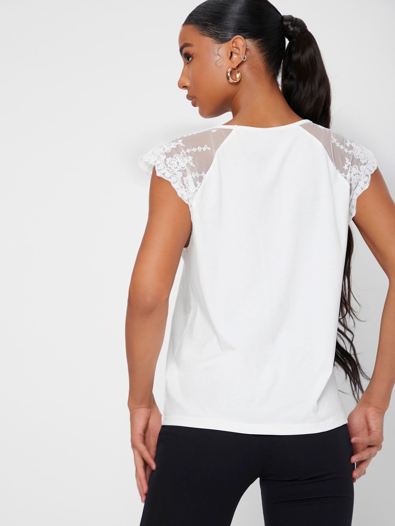Sheer Embroidery Mesh Yoke Tee