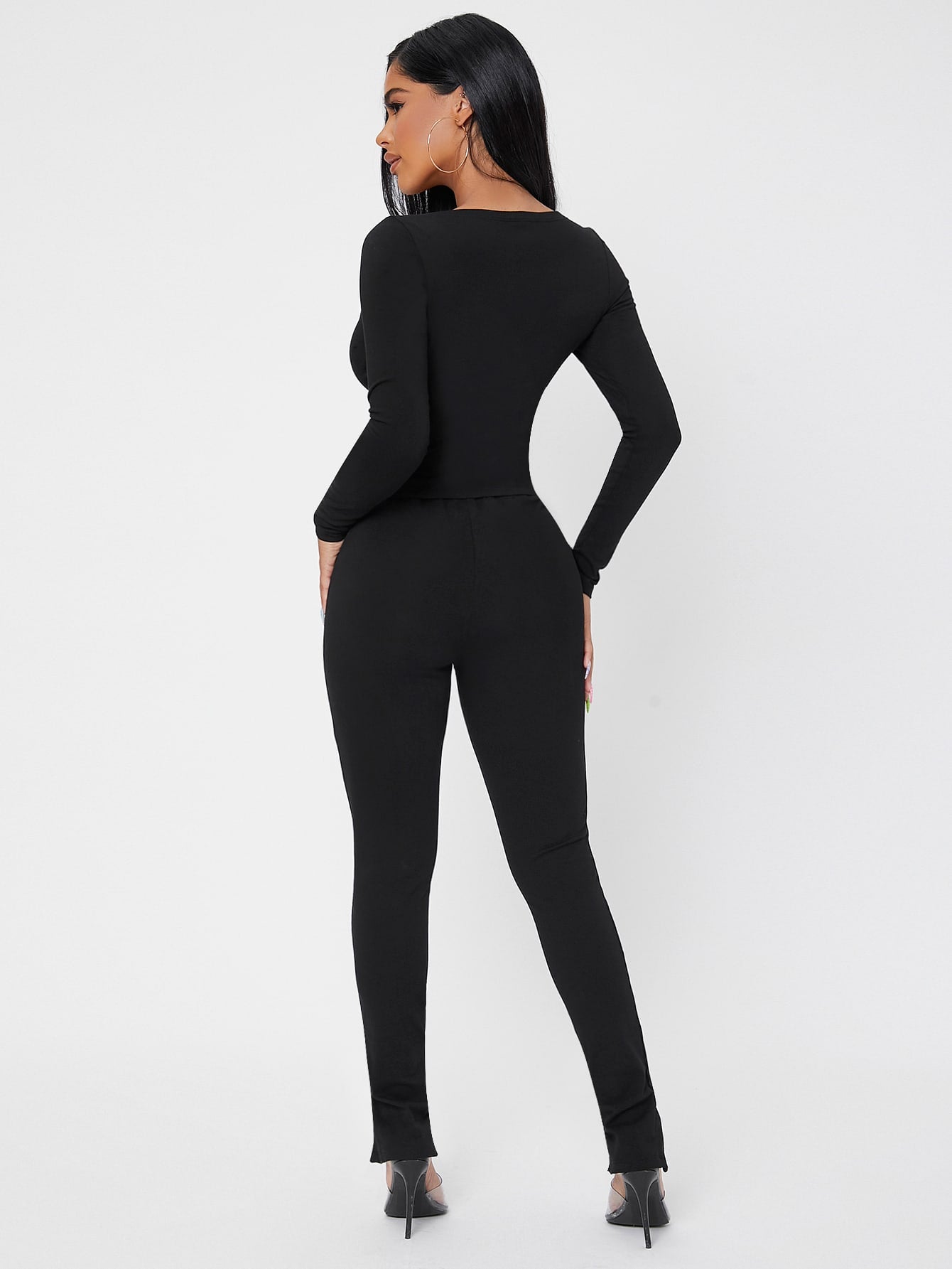 Scoop Neck Zip Up Crop Top & Slit Hem Leggings Set