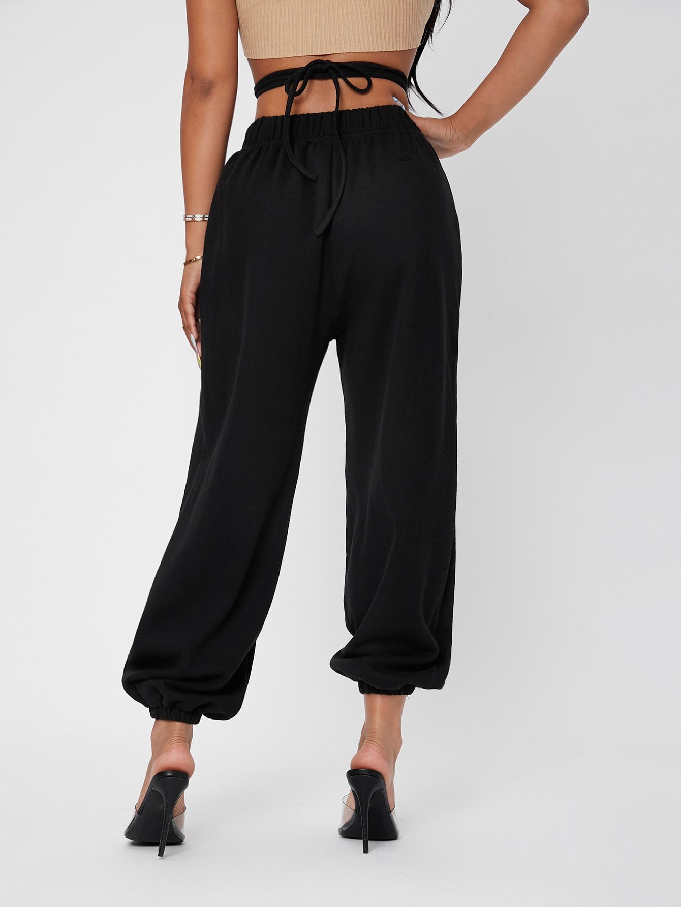Solid Elastic Waist Criss Cross Tie Back Sweatpants