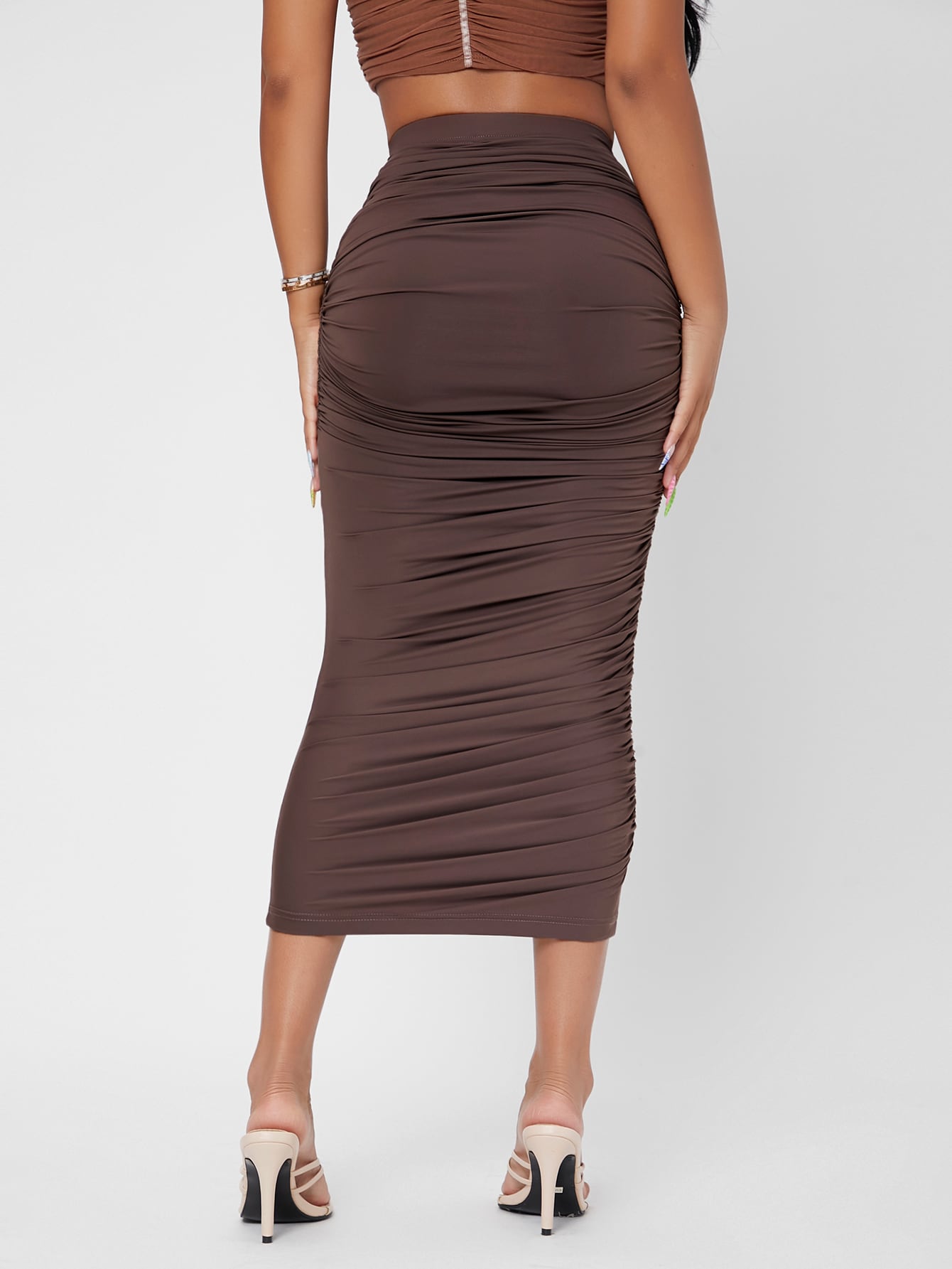 Solid High Waist Ruched Bodycon Skirt