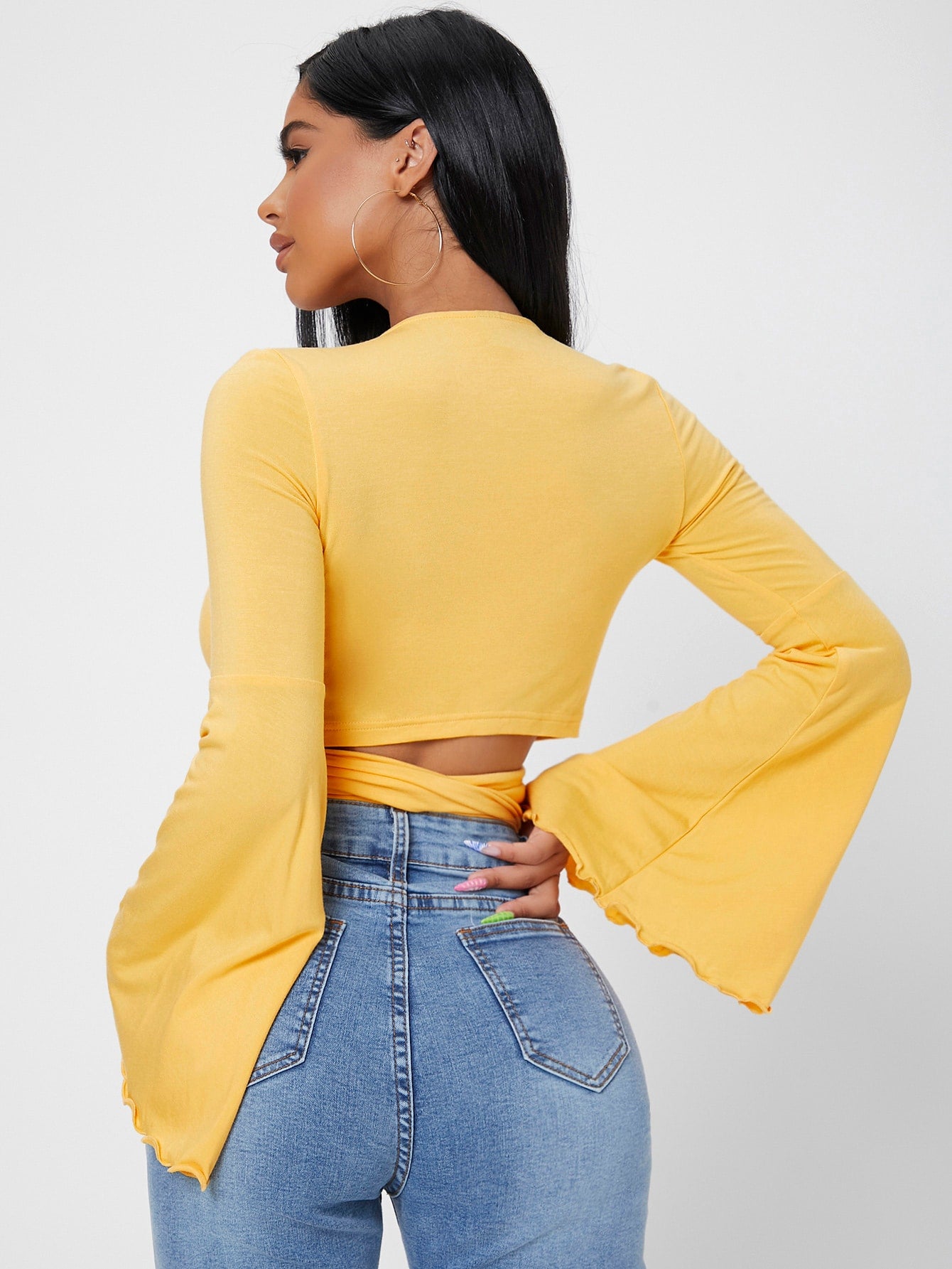 Bell Sleeve Surplice Neck Tie Front Crop Top