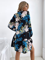 Floral Print Flounce Hem Stand Collar Dress Without Belt